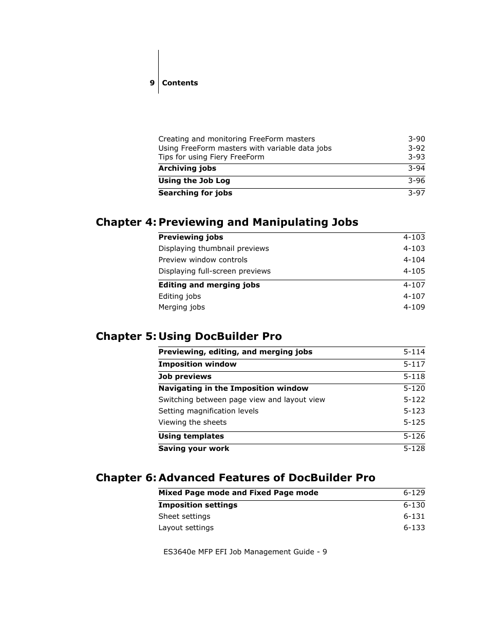 Chapter 4: previewing and manipulating jobs, Chapter 5: using docbuilder pro, Chapter 6: advanced features of docbuilder pro | Oki ES3640E User Manual | Page 9 / 220