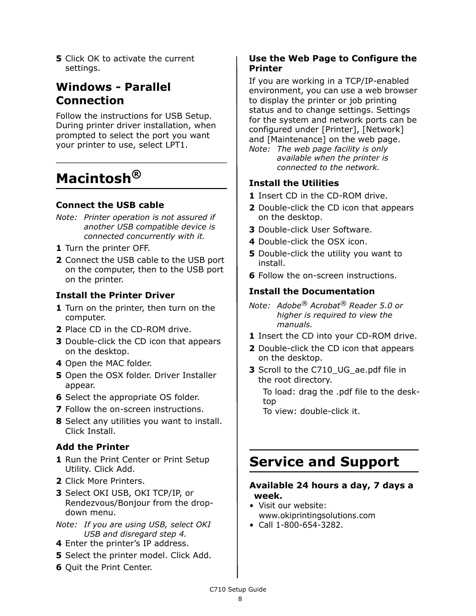 Macintosh, Service and support, Windows - parallel connection | Oki C710 User Manual | Page 10 / 40