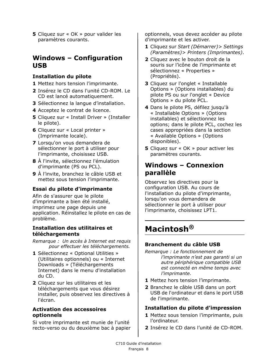 Macintosh, Windows – configuration usb, Windows – connexion parallèle | Oki C710 User Manual | Page 18 / 40