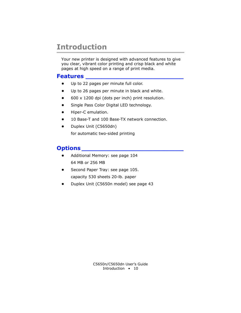 Introduction, Features, Options | Oki C 5650n User Manual | Page 10 / 225