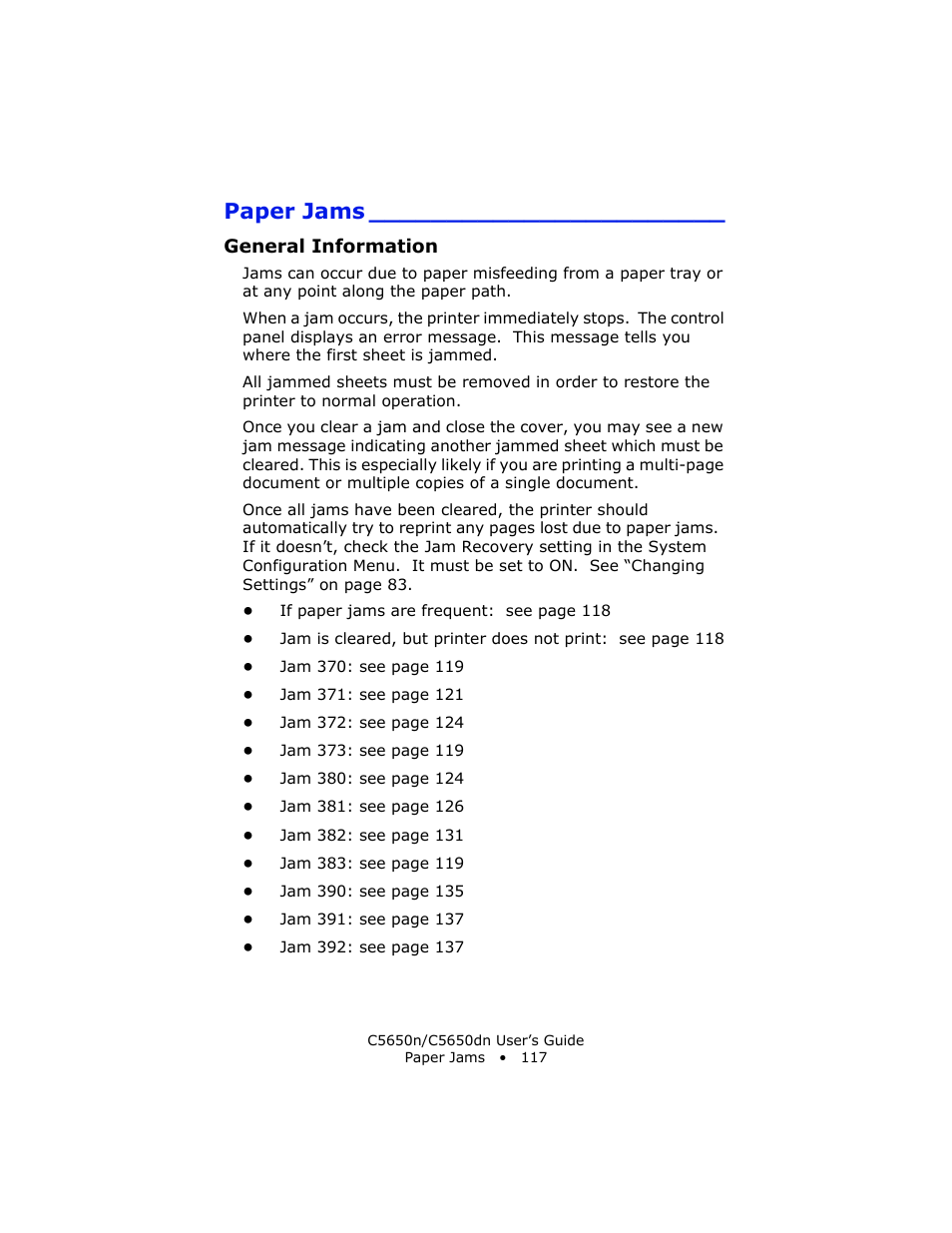 Paper jams, General information | Oki C 5650n User Manual | Page 117 / 225