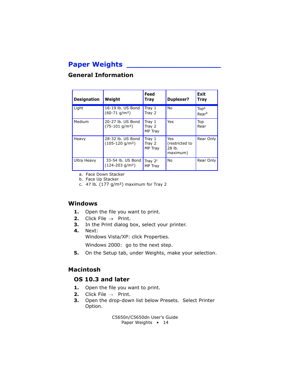 Paper weights, General information, Windows | Macintosh, Os 10.3 and later, General information windows, Macintosh os 10.3 and later | Oki C 5650n User Manual | Page 14 / 225