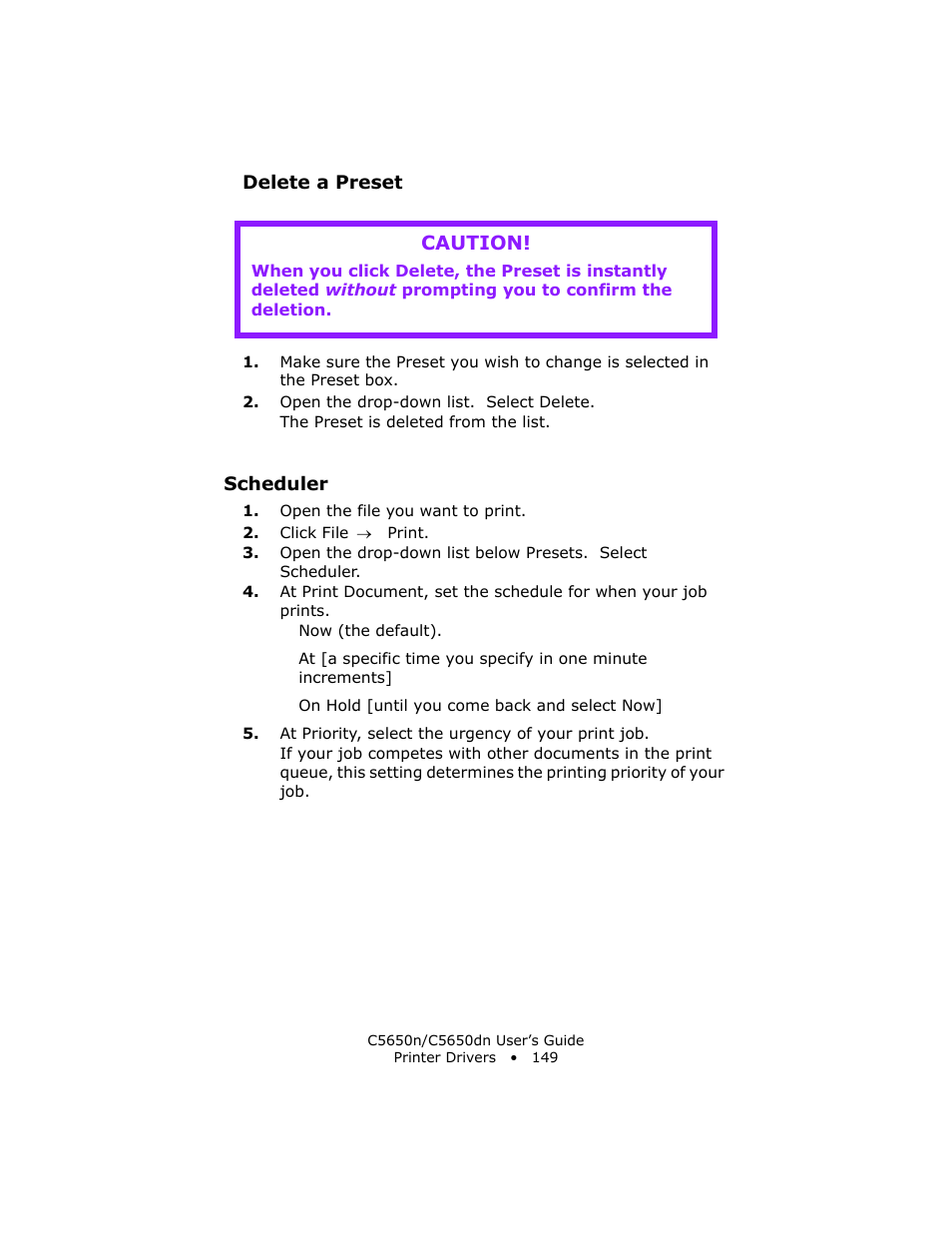 Delete a preset, Scheduler, Caution | Oki C 5650n User Manual | Page 149 / 225