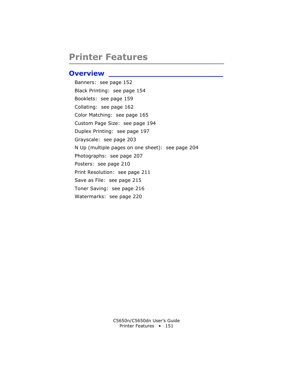 Printer features, Overview | Oki C 5650n User Manual | Page 151 / 225