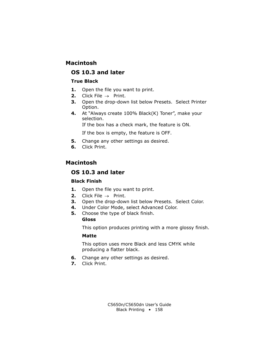Macintosh, Os 10.3 and later, True black | Black finish | Oki C 5650n User Manual | Page 158 / 225