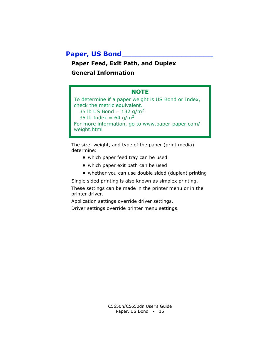 Paper, us bond, Paper feed, exit path, and duplex, General information | Oki C 5650n User Manual | Page 16 / 225