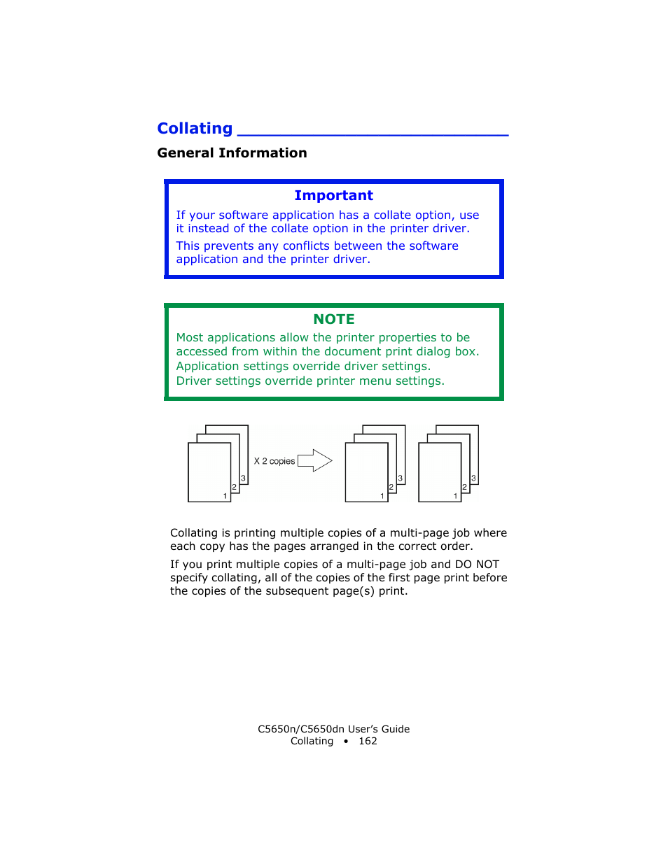 Collating, General information, Important | Oki C 5650n User Manual | Page 162 / 225