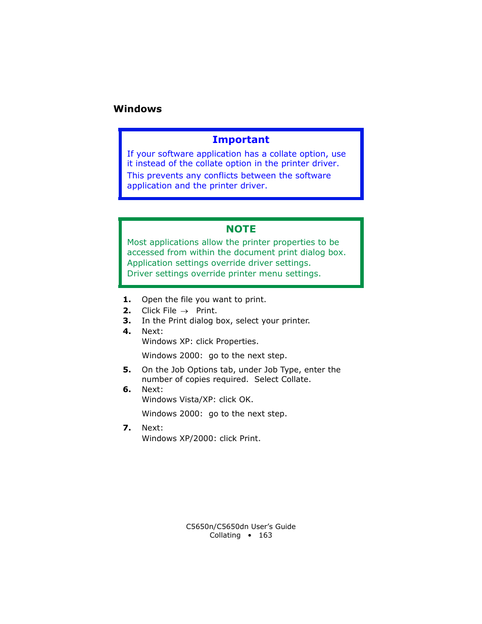 Windows, Important | Oki C 5650n User Manual | Page 163 / 225