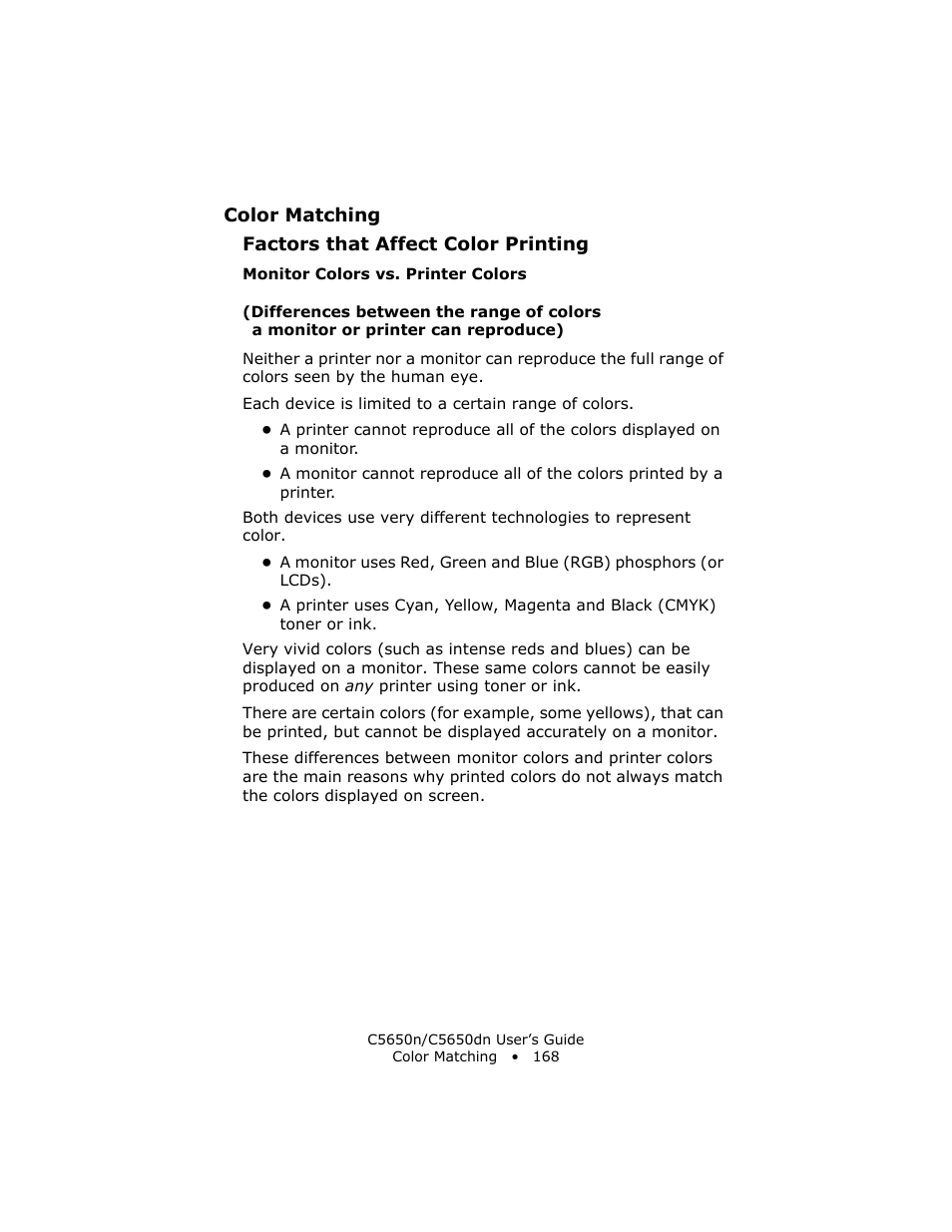 Monitor colors vs. printer colors | Oki C 5650n User Manual | Page 168 / 225