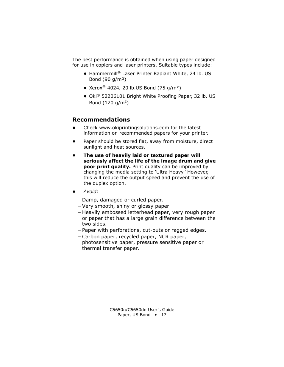 Recommendations | Oki C 5650n User Manual | Page 17 / 225