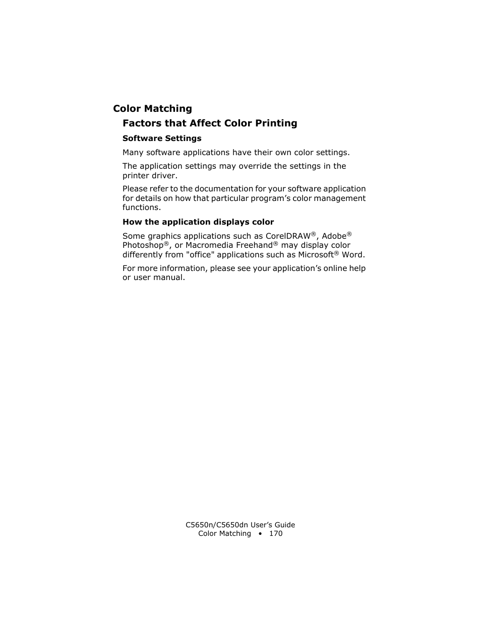 Software settings, How the application displays color, R see | Color matching factors that affect color printing | Oki C 5650n User Manual | Page 170 / 225