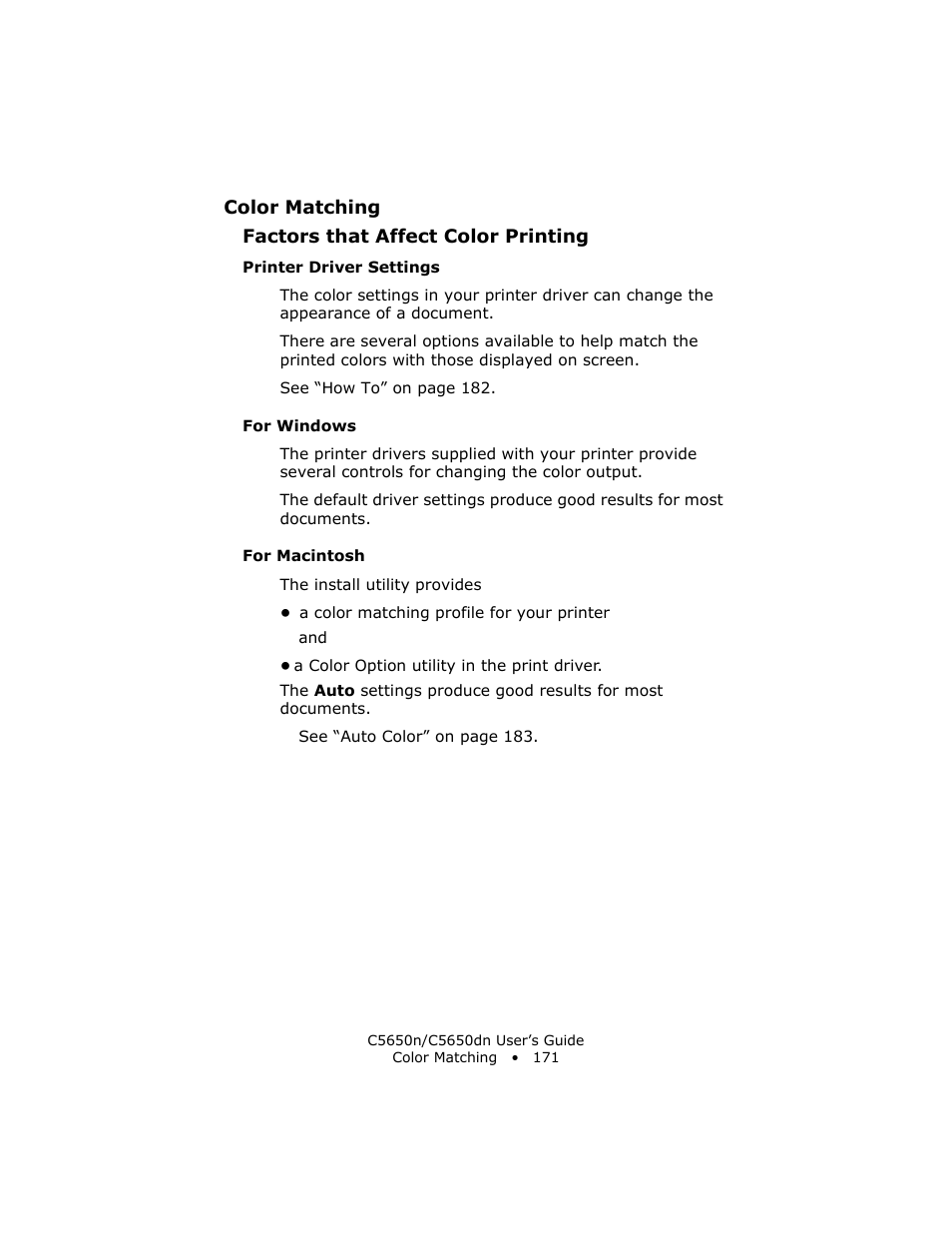 Printer driver settings, For windows, For macintosh | Oki C 5650n User Manual | Page 171 / 225