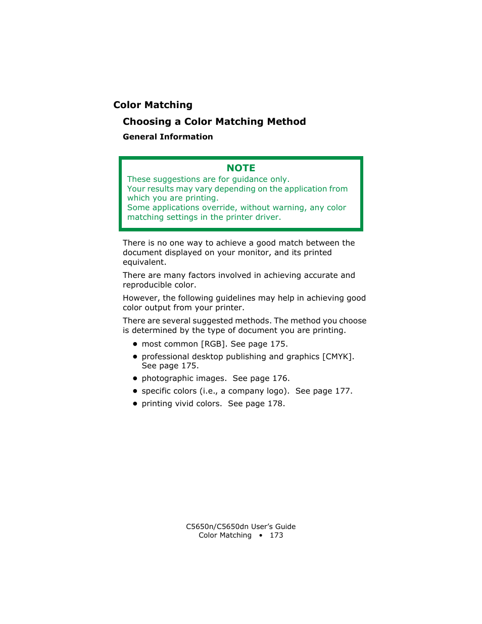 Choosing a color matching method, General information | Oki C 5650n User Manual | Page 173 / 225