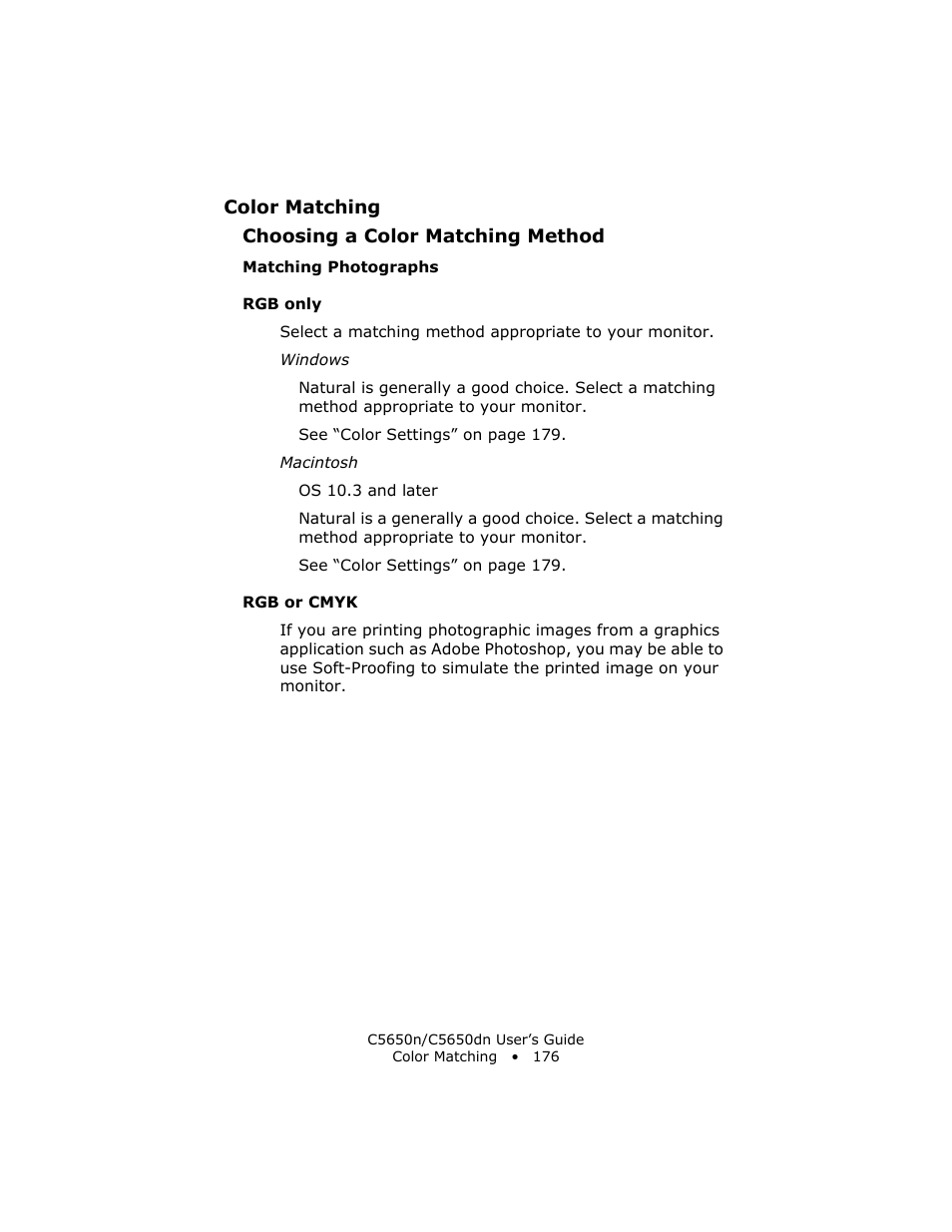 Matching photographs, Rgb only, Rgb or cmyk | Oki C 5650n User Manual | Page 176 / 225