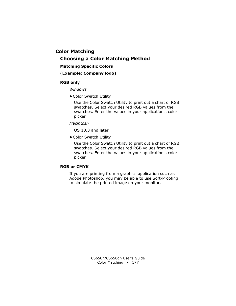 Matching specific colors, Rgb only, Rgb or cmyk | Oki C 5650n User Manual | Page 177 / 225