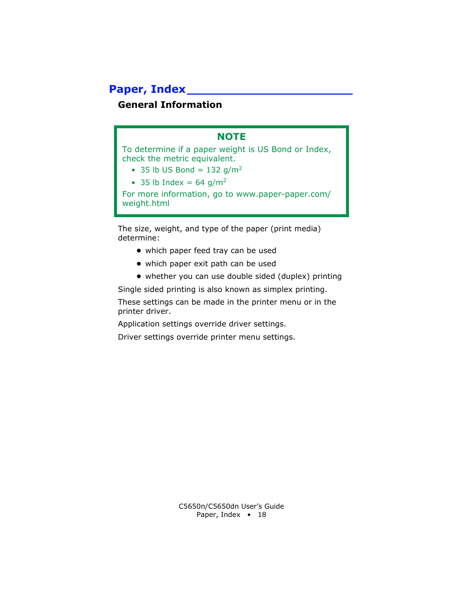 Paper, index, General information | Oki C 5650n User Manual | Page 18 / 225