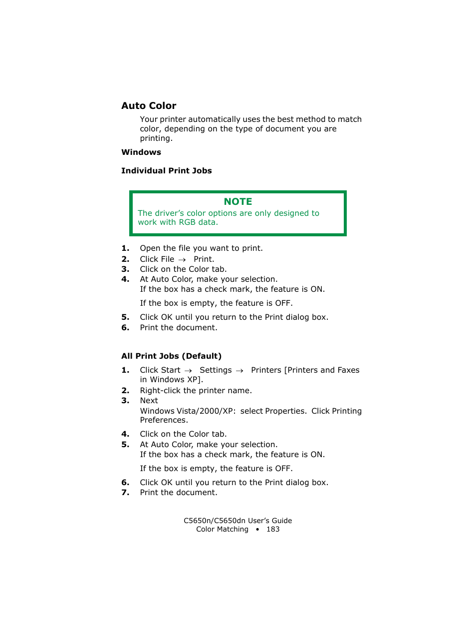 Auto color, Windows, Individual print jobs | All print jobs (default) | Oki C 5650n User Manual | Page 183 / 225
