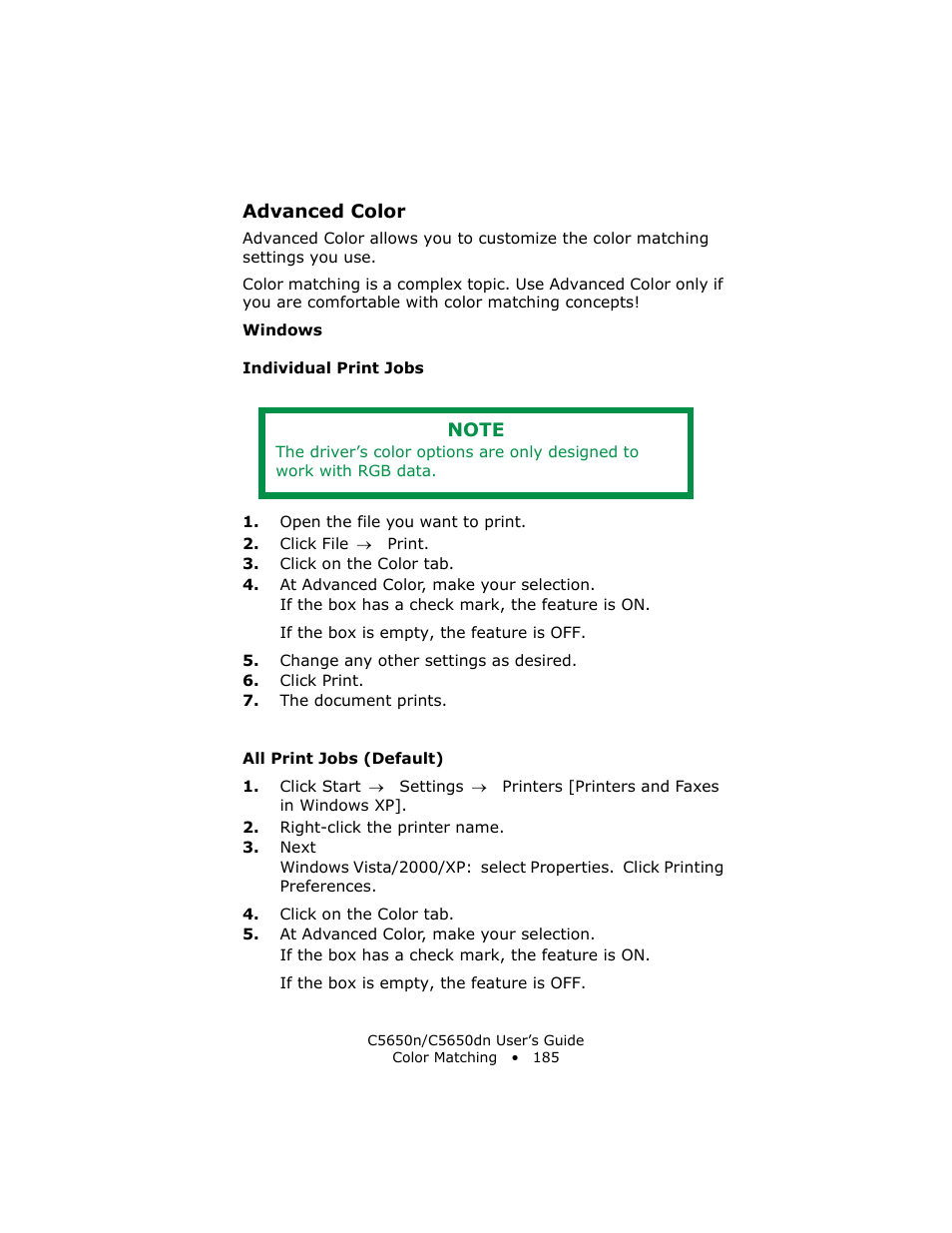Advanced color, Windows, Individual print jobs | All print jobs (default) | Oki C 5650n User Manual | Page 185 / 225