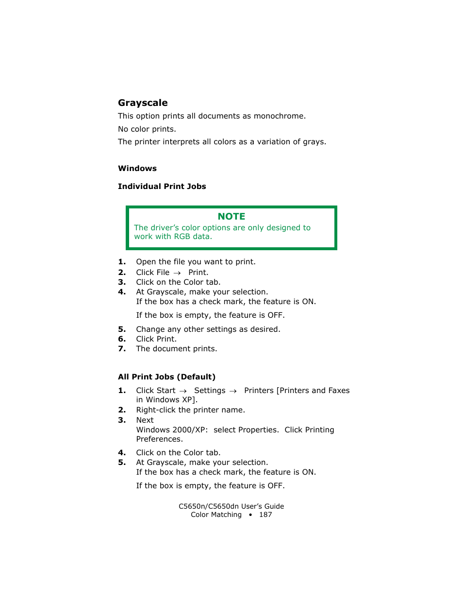 Grayscale, Windows, Individual print jobs | All print jobs (default) | Oki C 5650n User Manual | Page 187 / 225