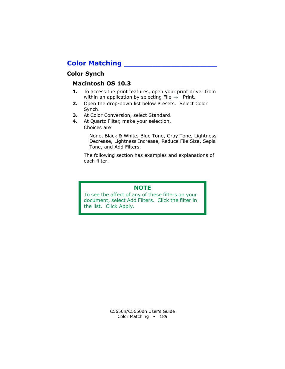 Color synch, Macintosh os 10.3, Color matching | Oki C 5650n User Manual | Page 189 / 225
