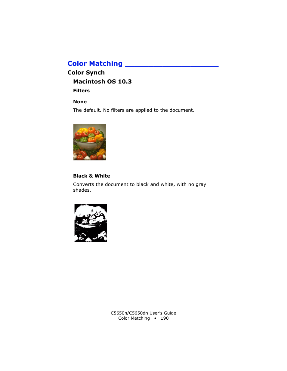 Filters, None, Black & white | Color matching | Oki C 5650n User Manual | Page 190 / 225