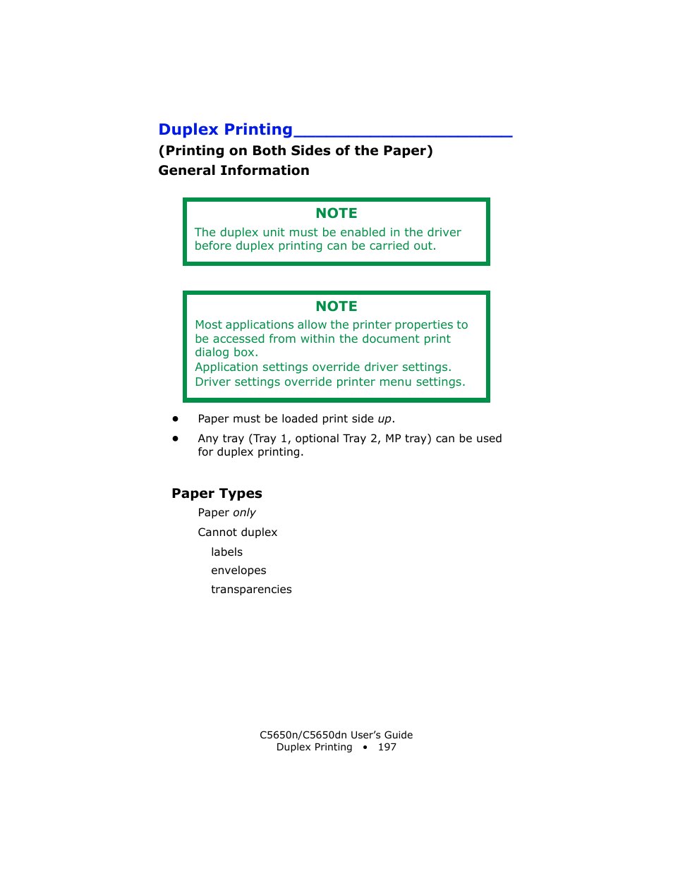 Duplex printing, Printing on both sides of the paper), General information | Paper types | Oki C 5650n User Manual | Page 197 / 225