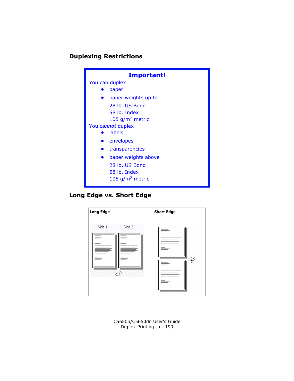 Duplexing restrictions, Long edge vs. short edge, Important | Oki C 5650n User Manual | Page 199 / 225