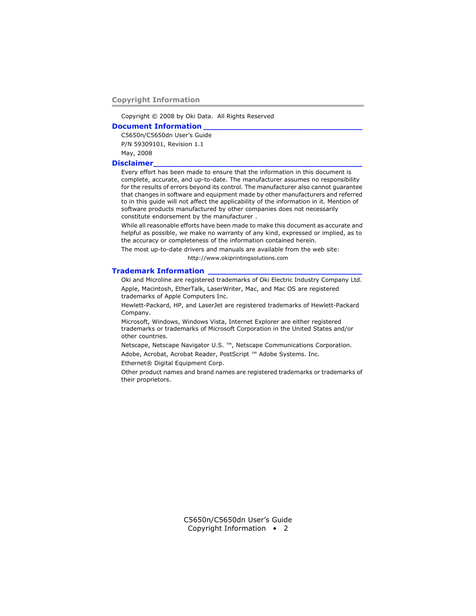 Copyright information, Document information, Disclaimer | Trademark information | Oki C 5650n User Manual | Page 2 / 225