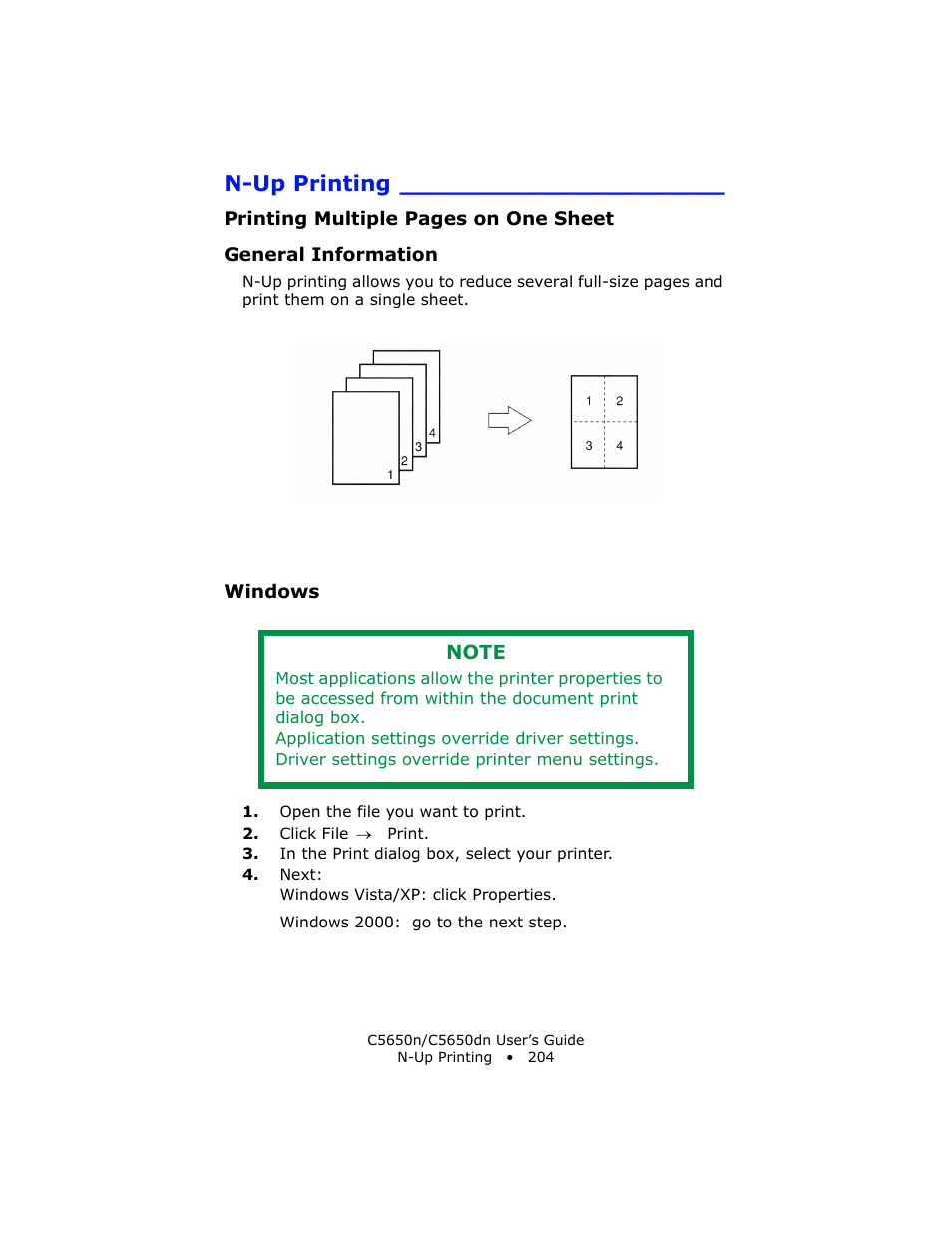 N-up printing, General information, Windows | Oki C 5650n User Manual | Page 204 / 225