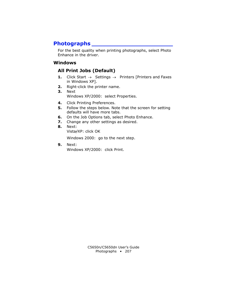 Photographs, Windows, All print jobs (default) | Oki C 5650n User Manual | Page 207 / 225