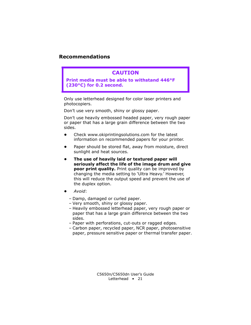 Recommendations, Caution | Oki C 5650n User Manual | Page 21 / 225