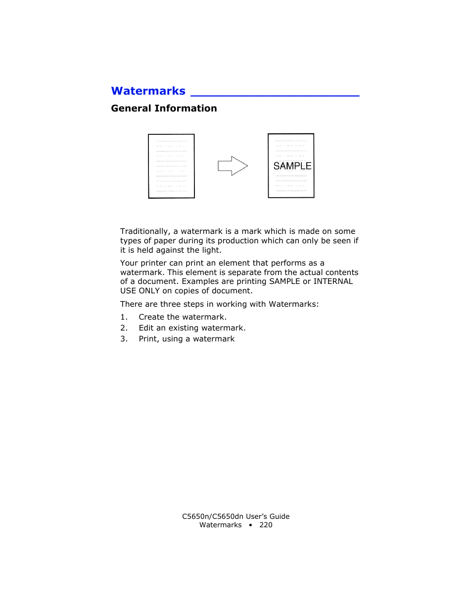Watermarks, General information | Oki C 5650n User Manual | Page 220 / 225