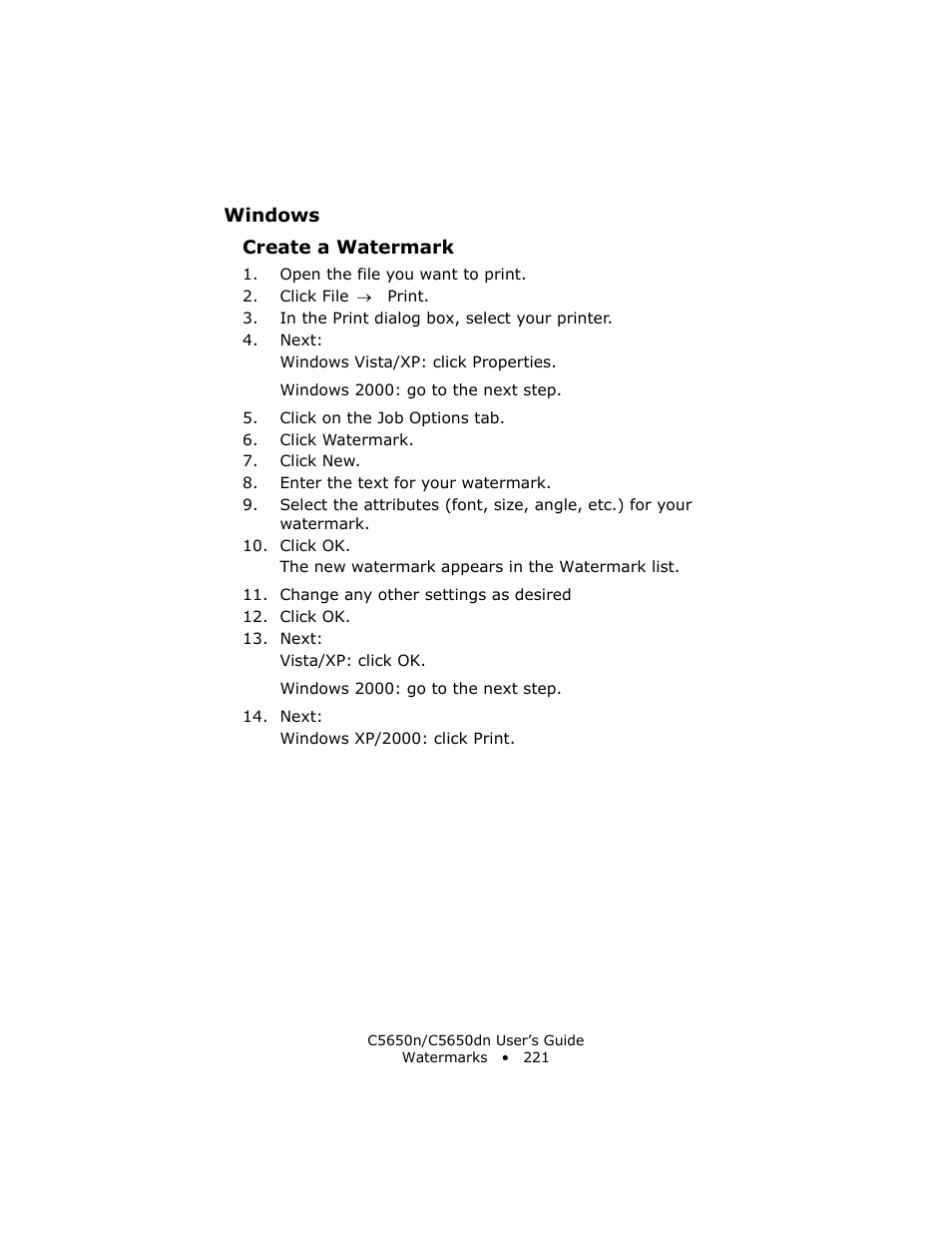 Windows, Create a watermark | Oki C 5650n User Manual | Page 221 / 225