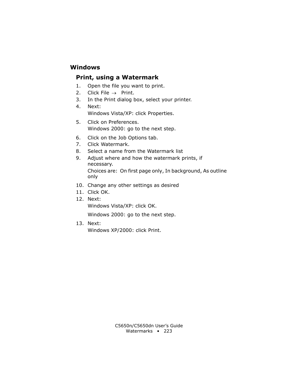 Print, using a watermark | Oki C 5650n User Manual | Page 223 / 225