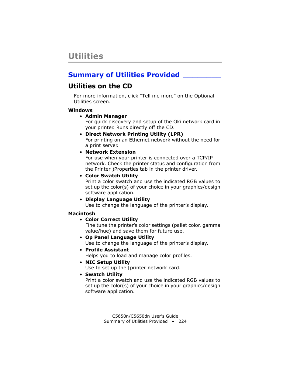 Utilities, Summary of utilities provided, Utilities on the cd | Oki C 5650n User Manual | Page 224 / 225
