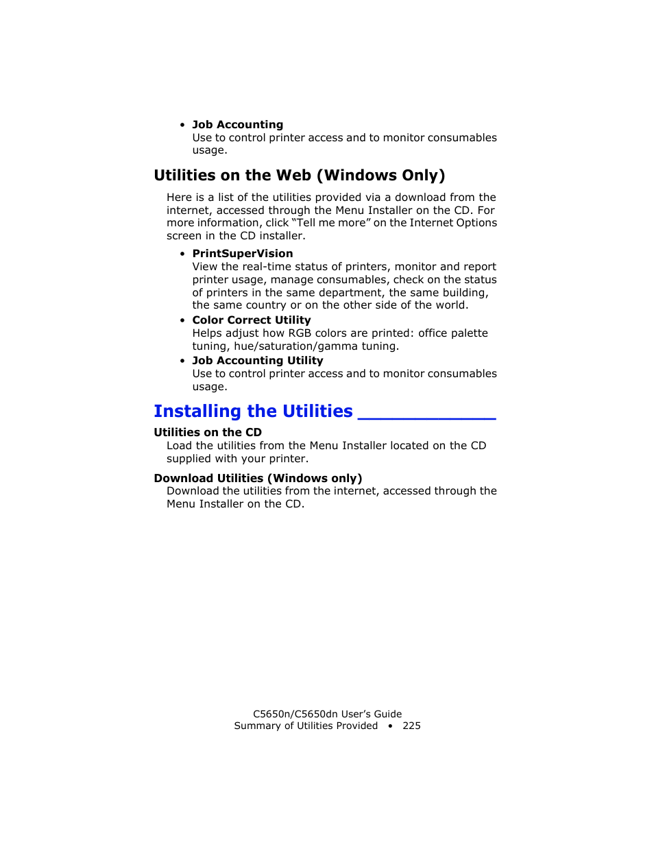 Utilities on the web (windows only), Installing the utilities | Oki C 5650n User Manual | Page 225 / 225