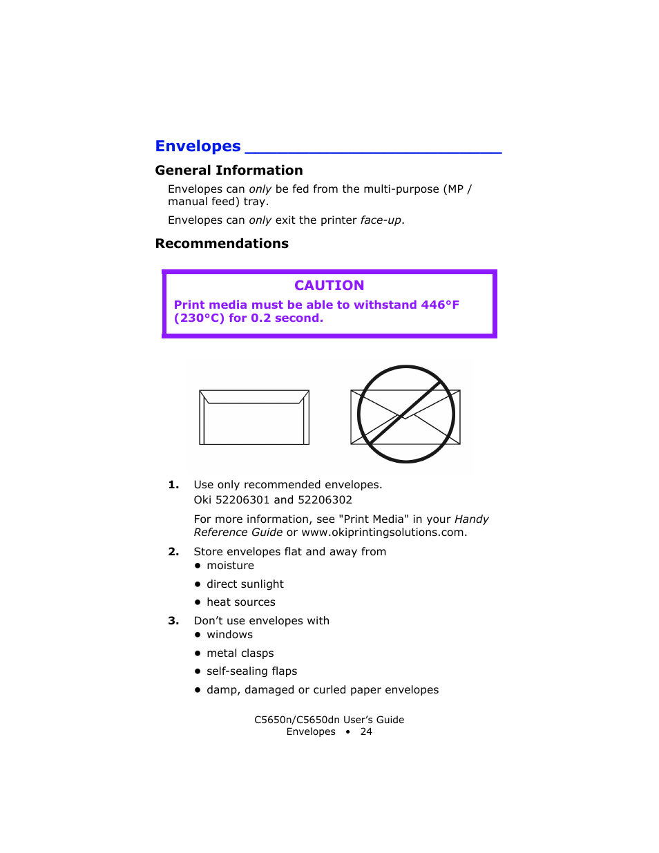 Envelopes, General information, Recommendations | Caution | Oki C 5650n User Manual | Page 24 / 225
