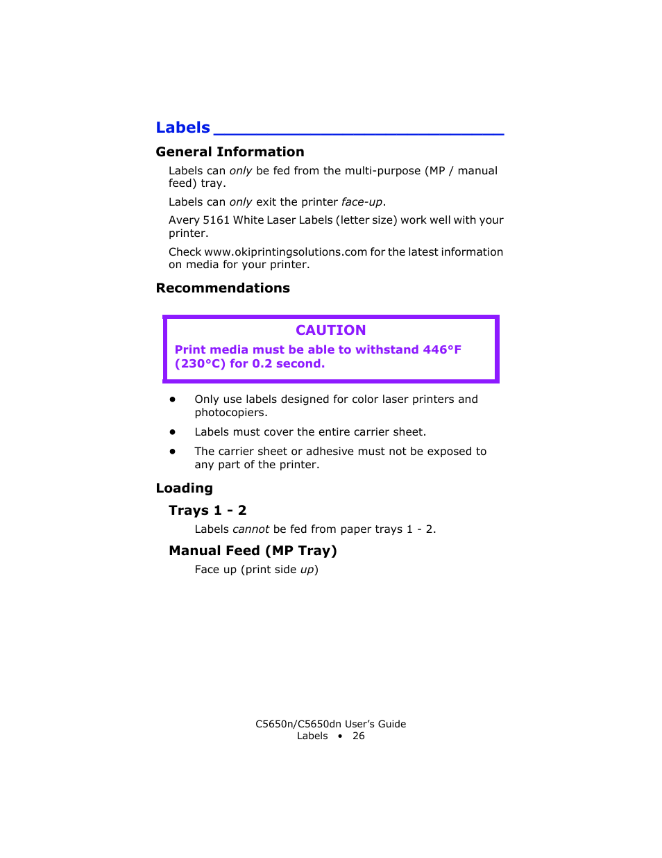 Labels, General information, Recommendations | Loading, Manual feed (mp tray) | Oki C 5650n User Manual | Page 26 / 225