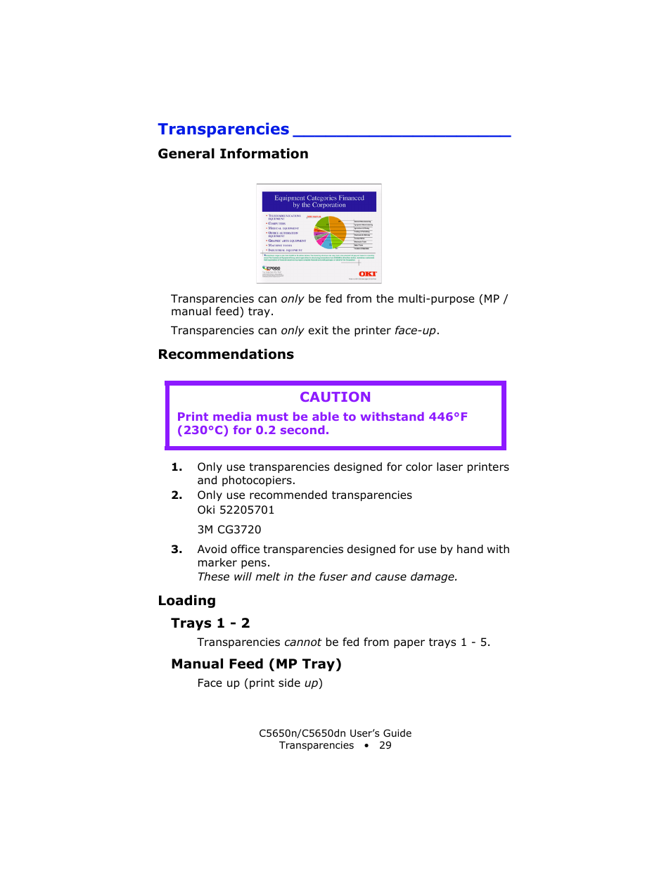 Transparencies, General information, Recommendations | Loading, Manual feed (mp tray), Caution | Oki C 5650n User Manual | Page 29 / 225