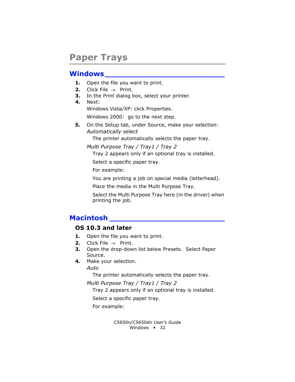 Paper trays, Windows, Macintosh | Os 10.3 and later | Oki C 5650n User Manual | Page 32 / 225