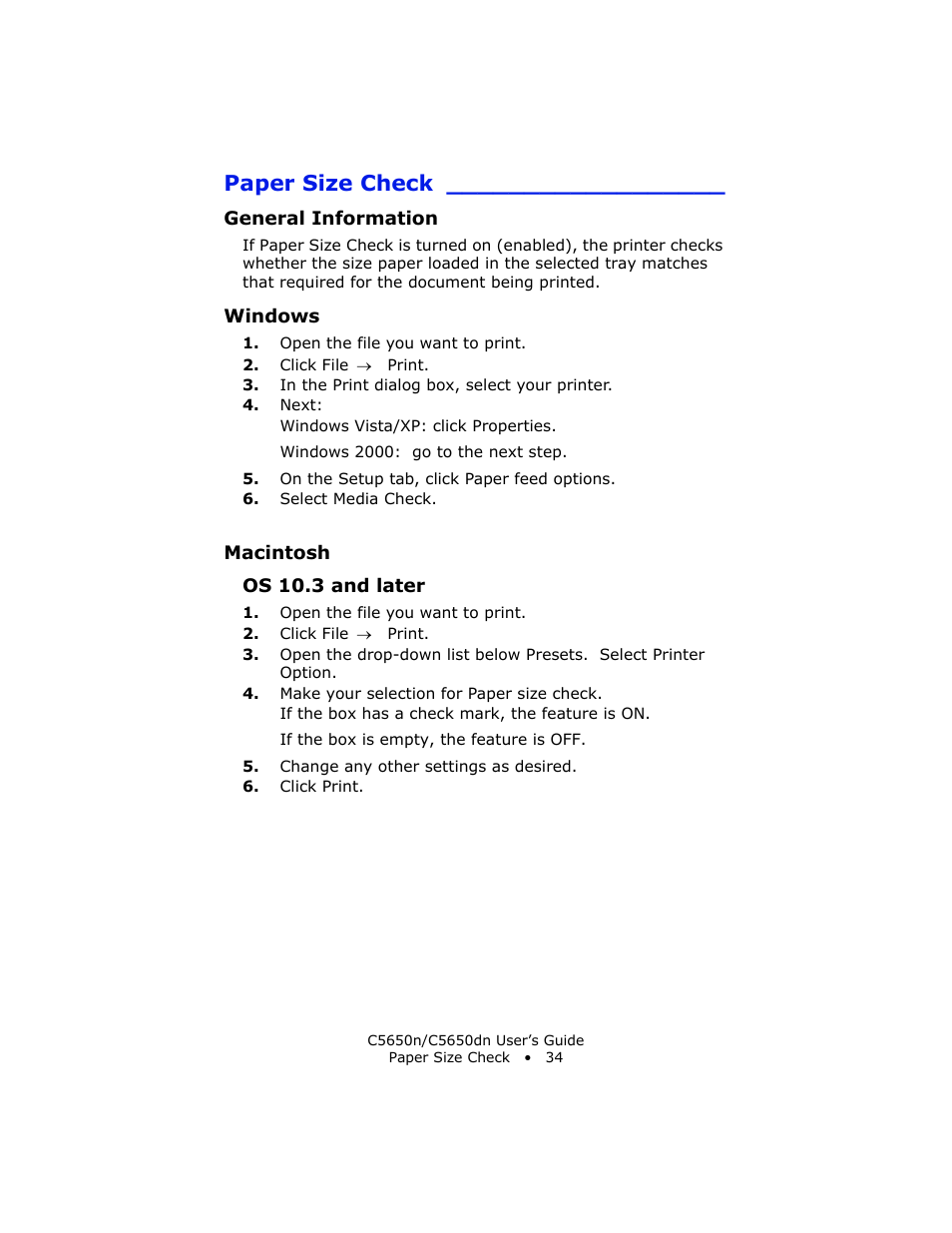 Paper size check, General information, Windows | Macintosh, Os 10.3 and later | Oki C 5650n User Manual | Page 34 / 225