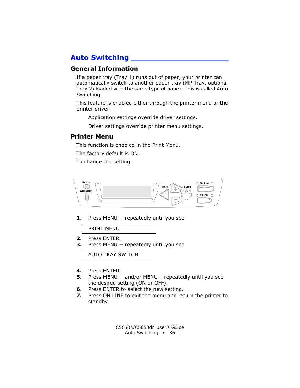 Auto switching, General information, Printer menu | Oki C 5650n User Manual | Page 36 / 225