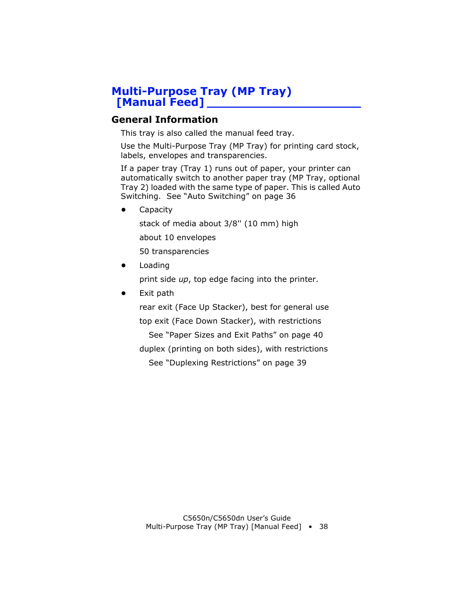 Multi-purpose tray (mp tray) [manual feed, General information, Multi-purpose tray (mp tray) | Manual feed | Oki C 5650n User Manual | Page 38 / 225