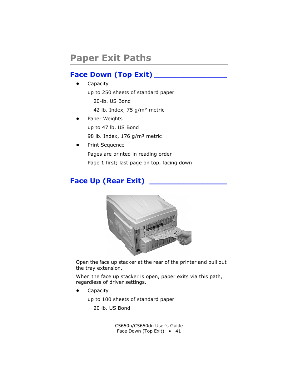 Paper exit paths, Face down (top exit), Face up (rear exit) | Oki C 5650n User Manual | Page 41 / 225
