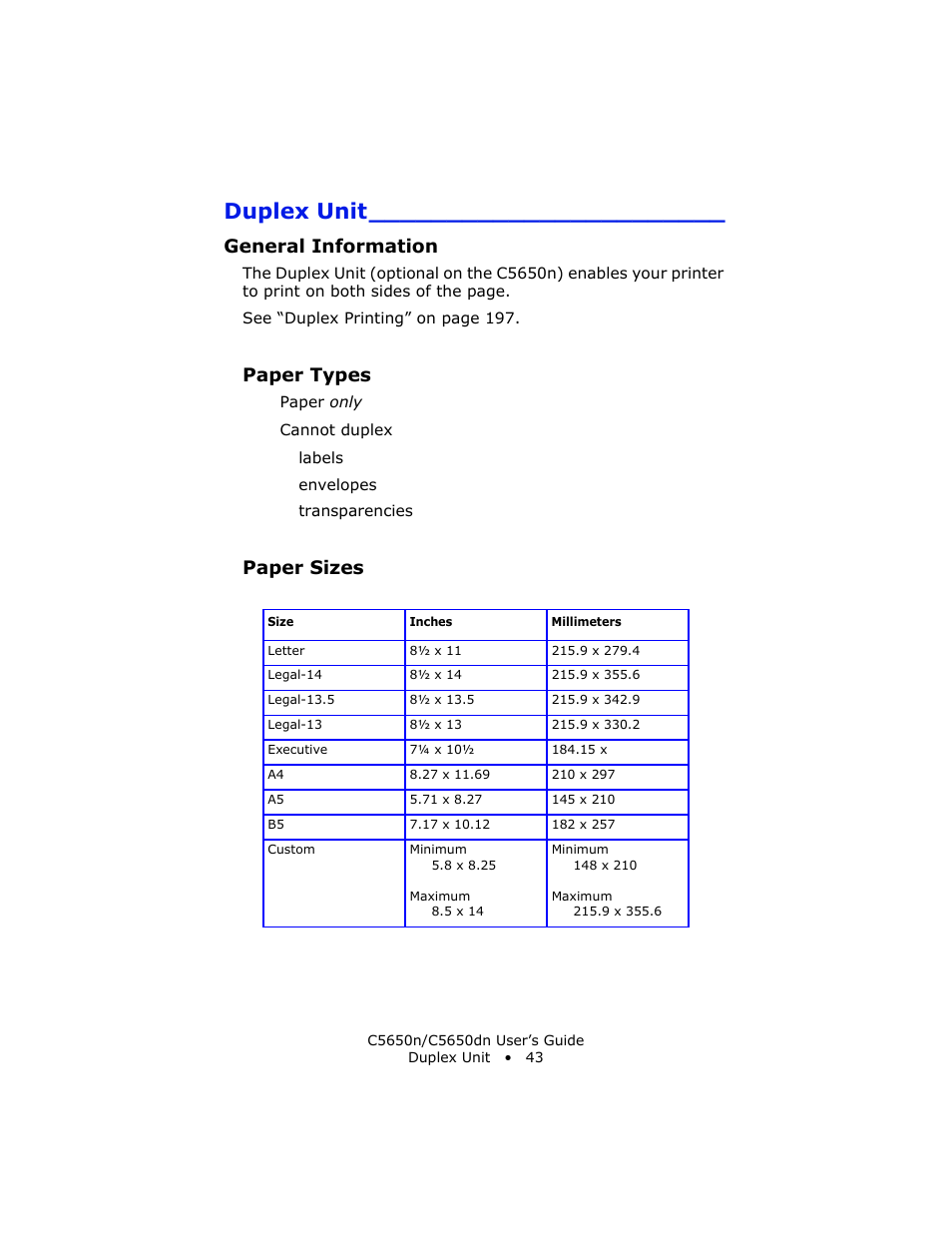 Duplex unit, General information, Paper types | Paper sizes | Oki C 5650n User Manual | Page 43 / 225