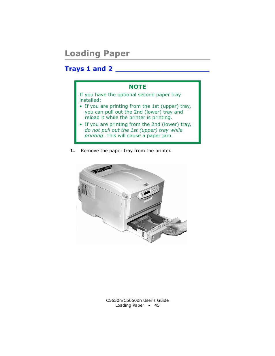Loading paper, Trays 1 and 2 | Oki C 5650n User Manual | Page 45 / 225