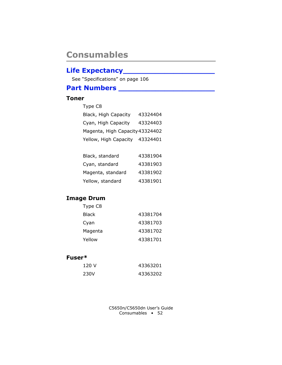 Consumables, Life expectancy, Part numbers | Toner, Image drum, Fuser | Oki C 5650n User Manual | Page 52 / 225