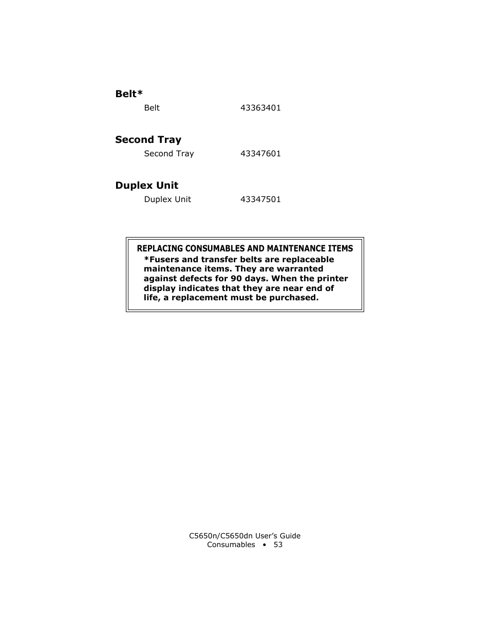 Belt, Second tray, Duplex unit | Oki C 5650n User Manual | Page 53 / 225