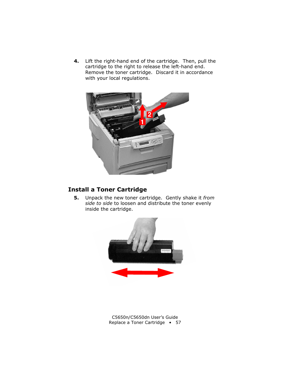 Install a toner cartridge | Oki C 5650n User Manual | Page 57 / 225