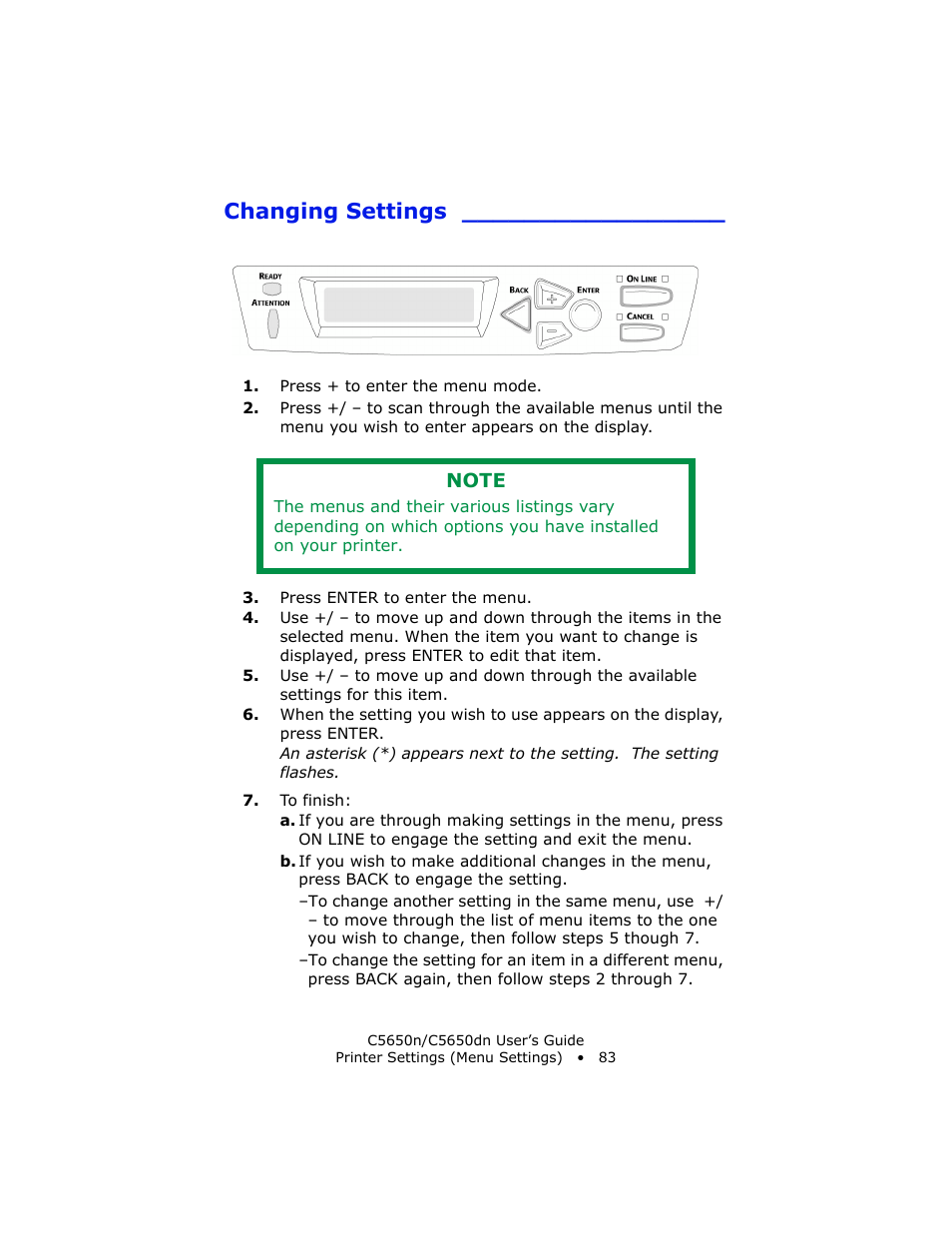 Changing settings | Oki C 5650n User Manual | Page 83 / 225